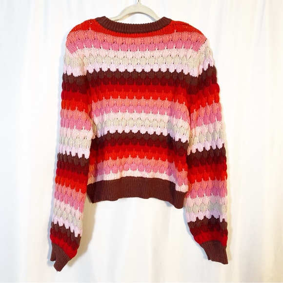 THML Textured Chunky Knit Striped Puffy Crewneck Sweater Red Pink - Picture 6 of 14